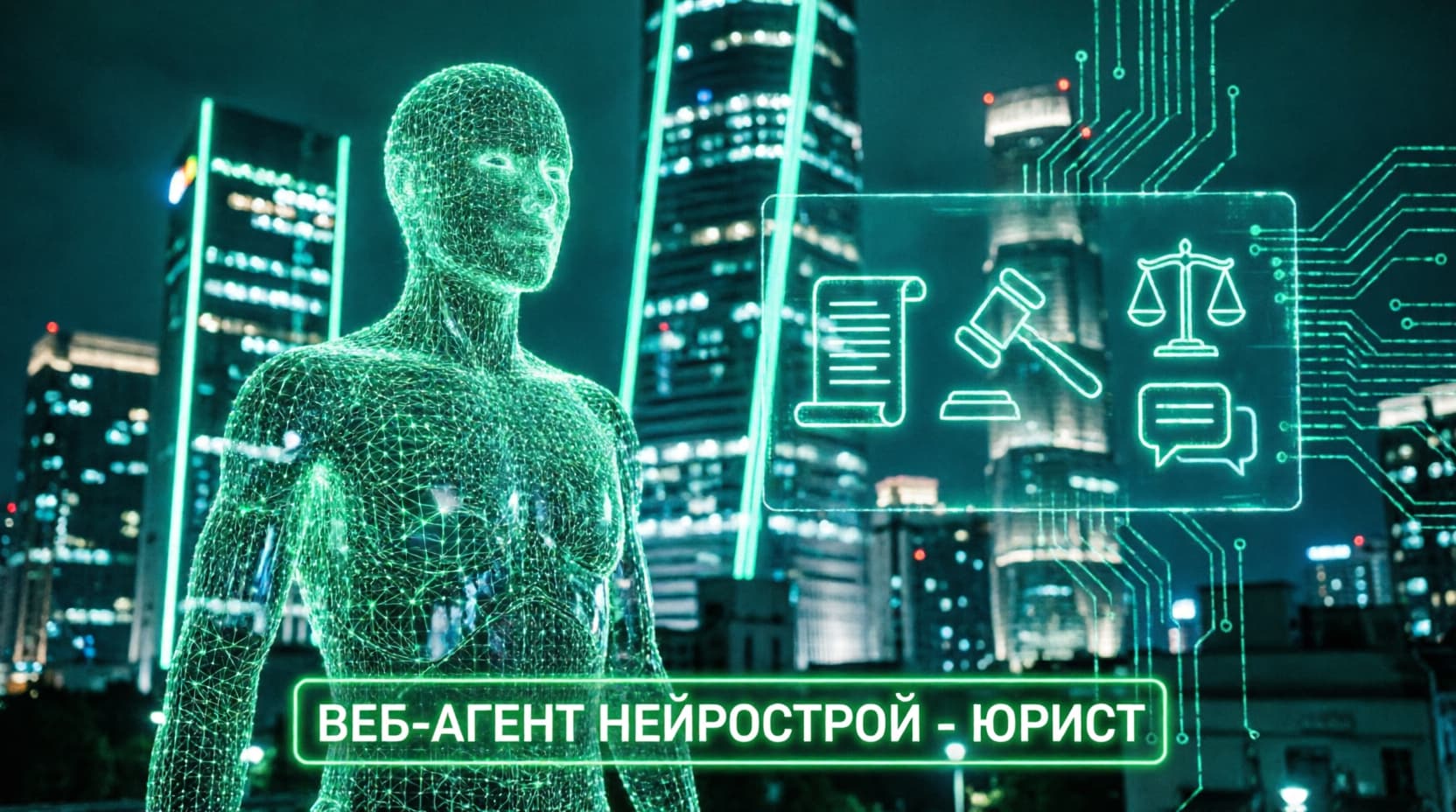 Веб-агент Нейрострой — Юрист: цифровой юрист и панель с документами, судебным молотком и весами